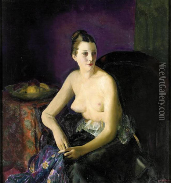 Nude Girl With Fruit (seated Semi-nude) Oil Painting - George Wesley Bellows
