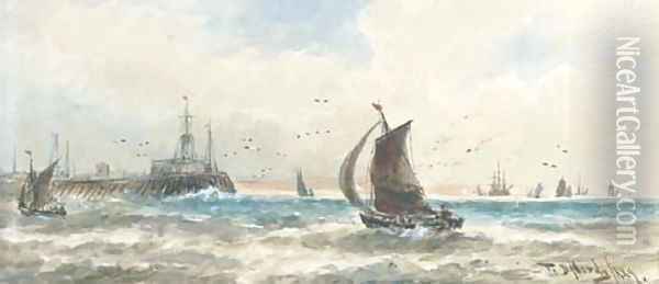 Shipping off the entrance to Calais on a blustery day Oil Painting - Thomas Bush Hardy