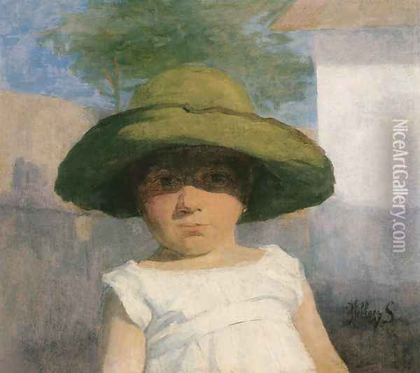 Girl with a Large Green Hat c. 1900 Oil Painting - Simon Hollosy