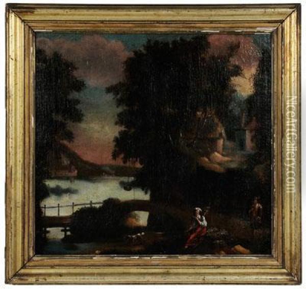 Italianatelandscape, 
Two Figures By A Bridge Oil Painting - Nicolaes Berchem
