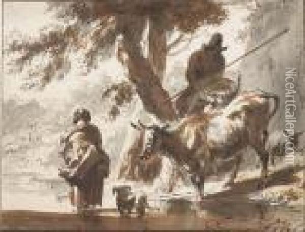 Vaches Traversant Un Gue Avec Un Couple Et Un Chien Oil Painting - Nicolaes Berchem