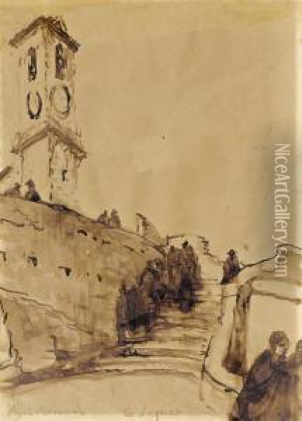 Le Suquet. Figures On The Church Steps Oil Painting - Emile Bernard