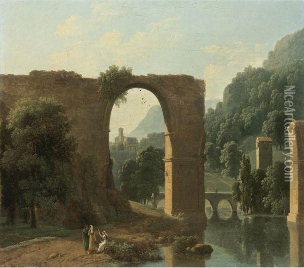 The Ruins Of The Bridge Of Augustus At Narni Oil Painting - Jean-Victor Bertin