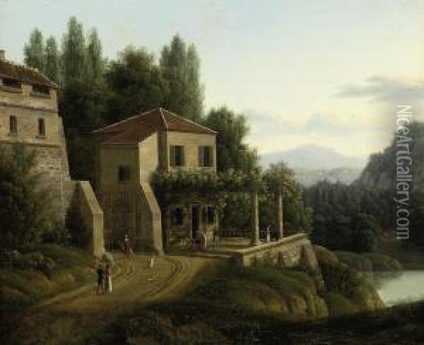 An Italianate River Landscape With Elegant Company Before Avilla Oil Painting - Jean-Victor Bertin