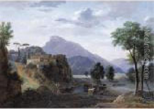 Italianate Mountainous Landscape With A Shepherd And Cattle Crossing A River Oil Painting - Jean-Victor Bertin