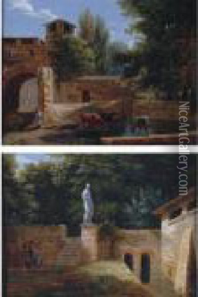 A Sunken Garden With A Girl And A Statue Oil Painting - Jean-Victor Bertin