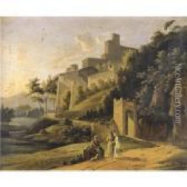 Landscape With A Fortress And A Beggar Oil Painting - Jean-Victor Bertin