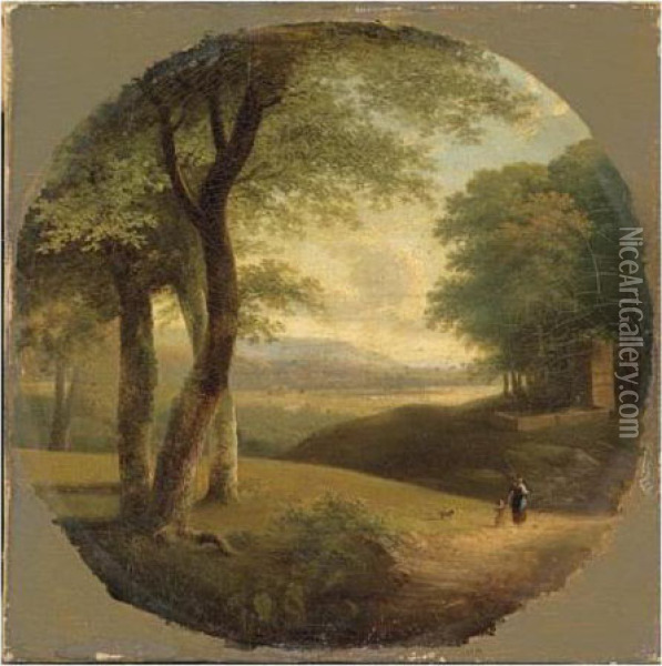 A Classical Landscape With Figures On A Path Oil Painting - Jean-Victor Bertin