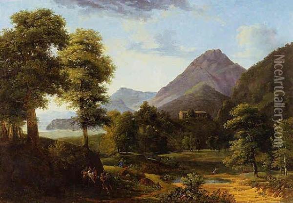Mountainous Landscape With Figures And A Roman Temple Beyond Oil Painting - Jean-Victor Bertin