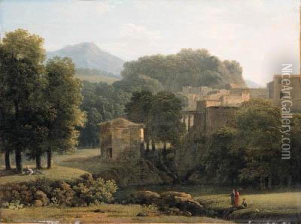 A Wooded Classical Landscape With Figures By A Brook, A Townbeyond Oil Painting - Jean-Victor Bertin