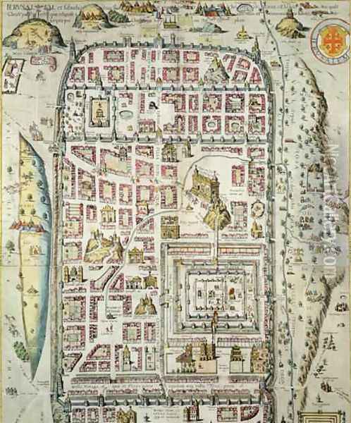 Map of Jerusalem and the surrounding area from Civitates Orbis Terrarum 3 Oil Painting - Joris Hoefnagel