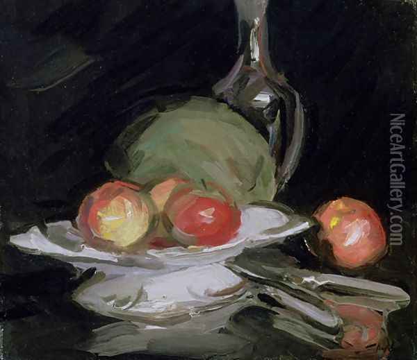 Still Life Bowl of Fruit Melon and Carafe Oil Painting - George Leslie Hunter