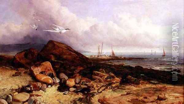 Shore Scene with Fishing Boat and Terns Oil Painting - Charles Napier Hemy