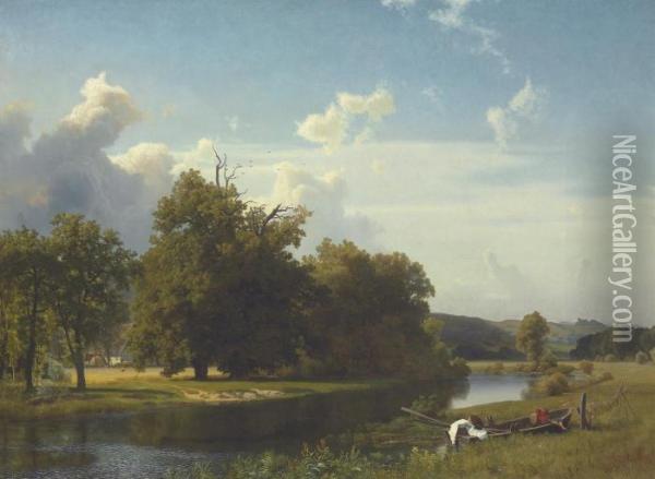 A River Landscape, Westphalia Oil Painting - Albert Bierstadt