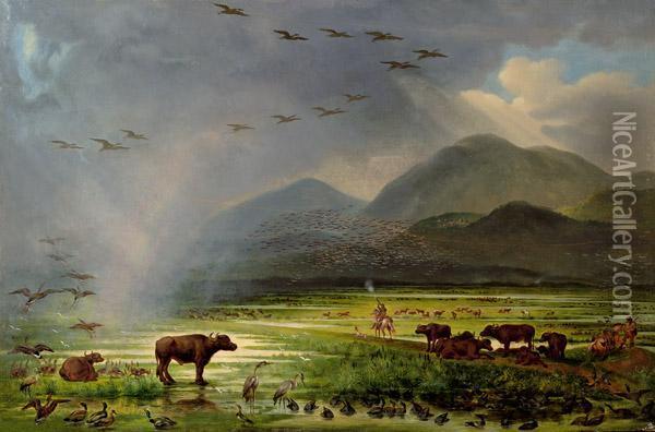 Amerikanische Landschaft Mit Kuhen Oil Painting - Albert Bierstadt