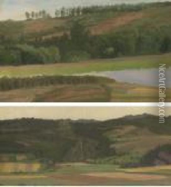 Landscape With Pond, Westphalia,
 Germany; And Fields And Valley, Westphalia, Germany: Two Works Oil Painting - Albert Bierstadt