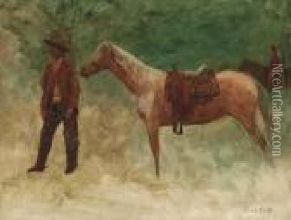 Standing Cowboy With Horse Oil Painting - Albert Bierstadt