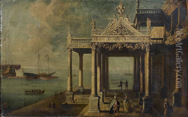 Promeneurs Orientaux Dans Un Palais Classique Devant La Mer Oil Painting - Giuseppe Bernardino Bison