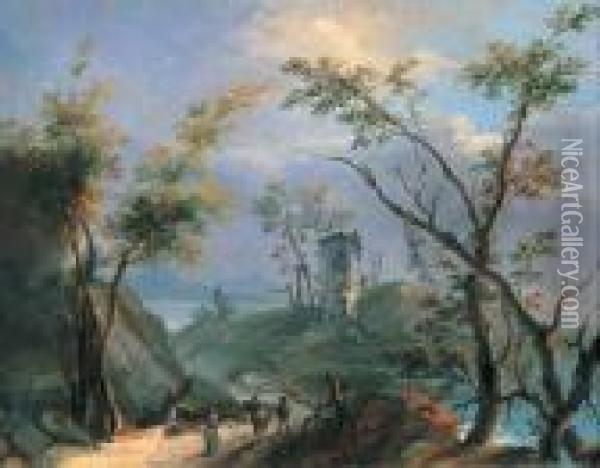 Paesaggio Lacustre Con Viandanti Oil Painting - Giuseppe Bernardino Bison