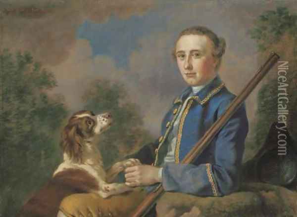 Portrait of Sir Henry Paulet St. John, Bt., three-quarter-length, seated in a landscape with his gun and spaniel Oil Painting - Francis Hayman