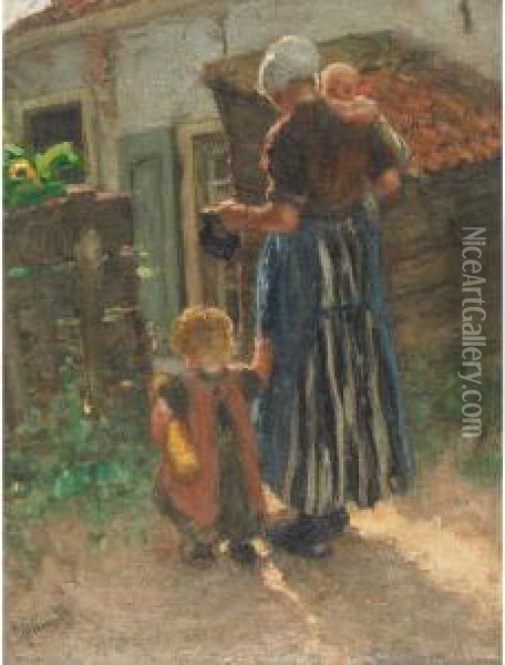 Mother And Her Children At The Garden Gate Oil Painting - Bernardus Johannes Blommers
