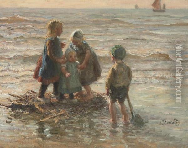 Children Playing On A Raft Oil Painting - Bernardus Johannes Blommers