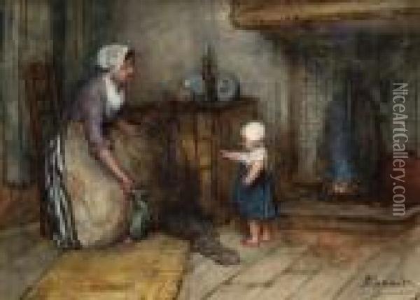 A Mother With Child By A Fireplace Oil Painting - Bernardus Johannes Blommers