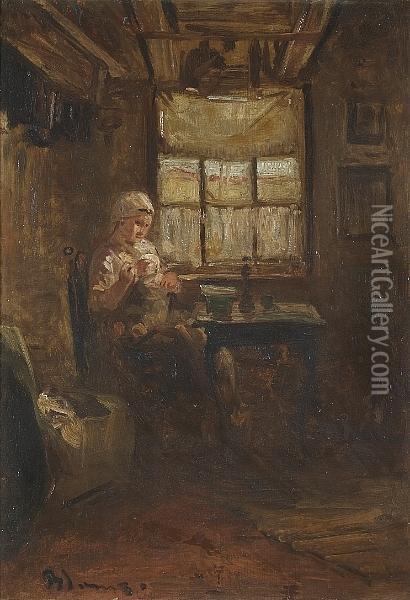 A Mother And Child In An Interior Oil Painting - Bernardus Johannes Blommers