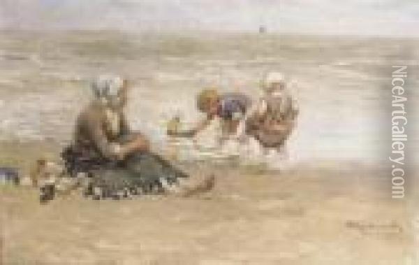 Pootje Baden: Children Playing On The Beach Oil Painting - Bernardus Johannes Blommers