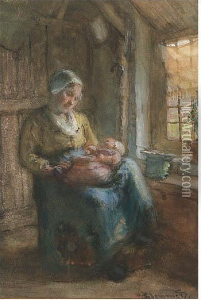 Motherly Love Oil Painting - Bernardus Johannes Blommers