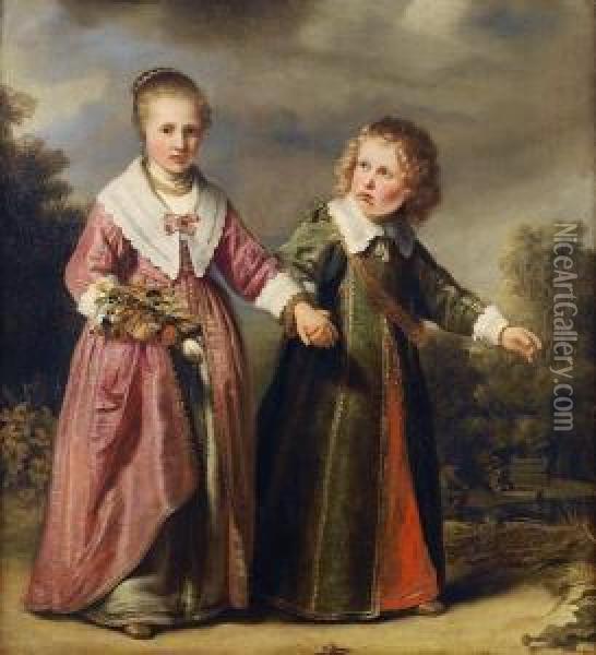 Portrait Of A Young Girl Holding A Posy Offlowers And A Young Boy In A Landscape Oil Painting - Ferdinand Bol
