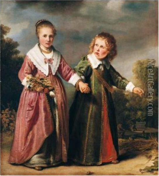 A Double Portrait Of A Young 
Girl Holding A Posy Of Flowers And A Young Boy, In A Wooded Landscape Oil Painting - Ferdinand Bol