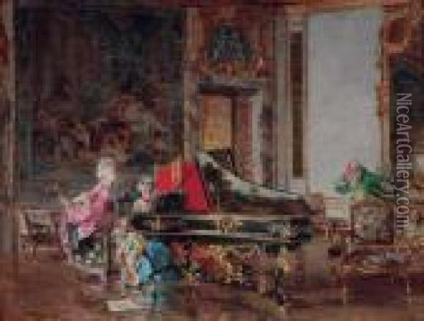 Due Dame In Costume Settecentesco Al Pianoforte (o Vecchia Canzone) Oil Painting - Giovanni Boldini