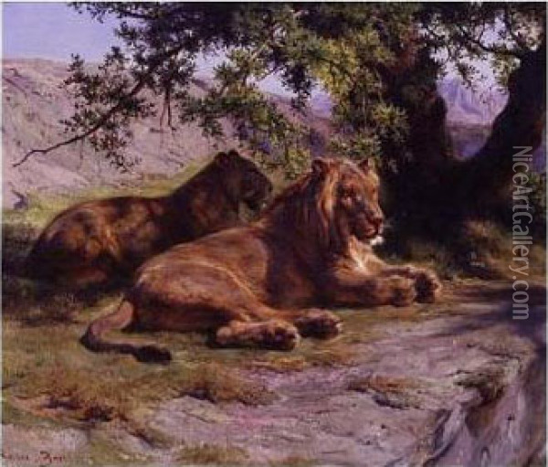 Lions In A Landscape Oil Painting - Rosa Bonheur