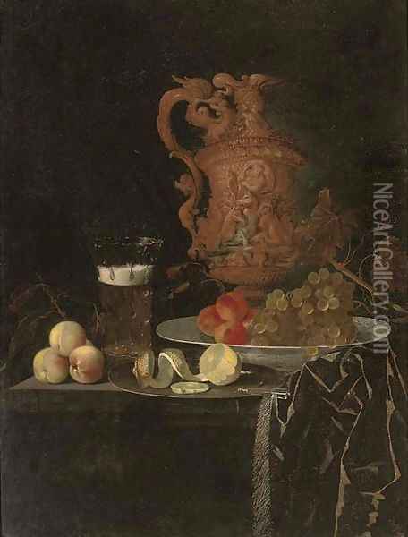 A gilt ewer, a roemer of beer, peaches, a partly-peeled lemon on a pewter tray, and grapes and peaches in a porcelain dish on a partly-draped table Oil Painting - Johann Georg (also Hintz, Hainz, Heintz) Hinz
