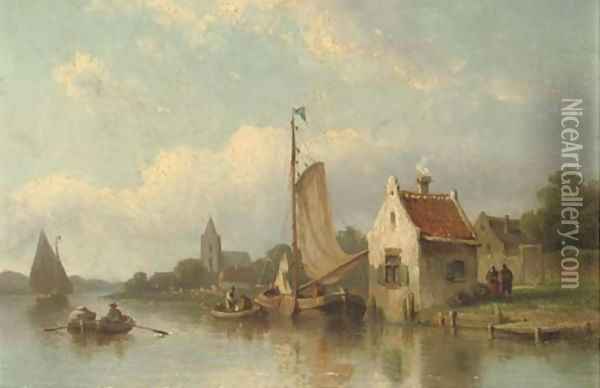 A river landscape with fishermen in their boats Oil Painting - Eduard Alexander Hilverdink