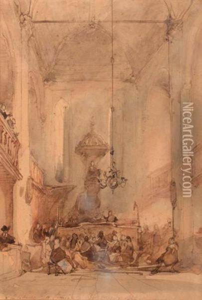 Figures In A Church Interior Oil Painting - Johannes Bosboom
