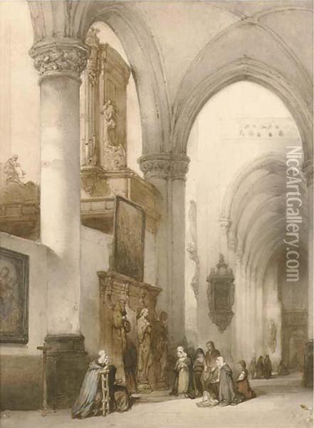Figures In A Church Interior Oil Painting - Johannes Bosboom