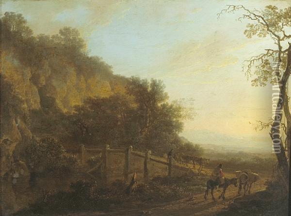 A Landscape With A Figure Riding A Donkey Inthe Foreground Oil Painting - Jan Both