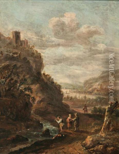 Classical Landscape With Figures, Castle And Lake Oil Painting - Jan Both