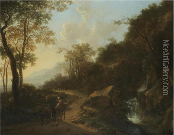 A Mountainous Italianate Landscape With Travellers Passing Astream Oil Painting - Jan Both