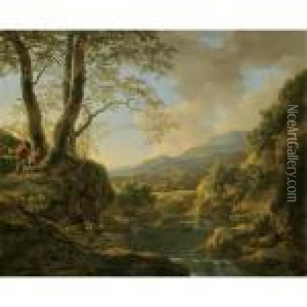 An Extensive River Landscape With Herdsmen Resting Their Goats Under A Tree Oil Painting - Jan Both
