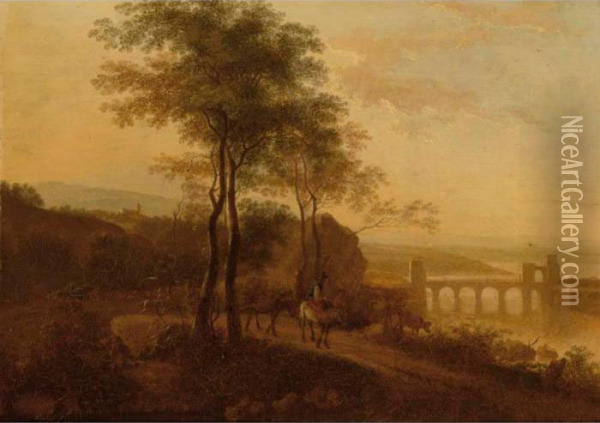 A Cowherd With His Cattle In An Italianate Landscape, A Bridge In The Distance Oil Painting - Jan Both
