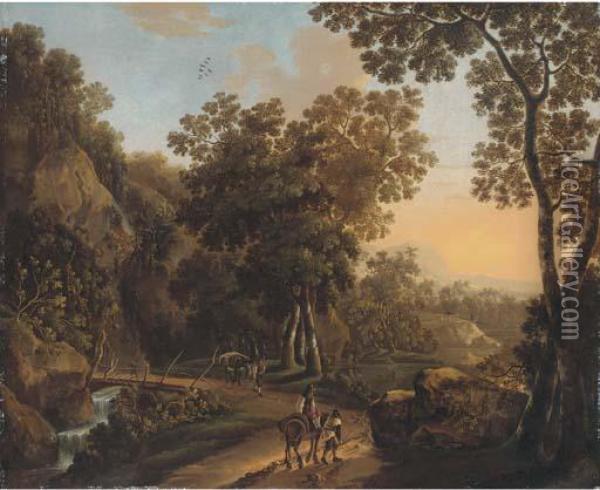 A Wooded Landscape With Travellers On A Hillside Track Oil Painting - Jan Both