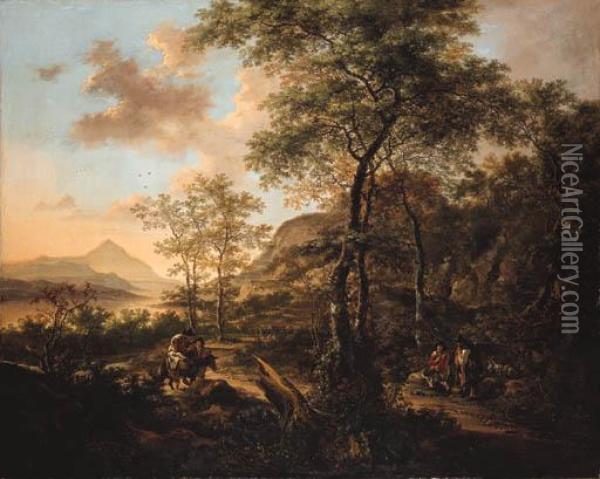 An Italianate Evening Landscape 
With A Muleteer And Goatherds On A Wooded Path, A River And Mountains 
Beyond Oil Painting - Jan Both