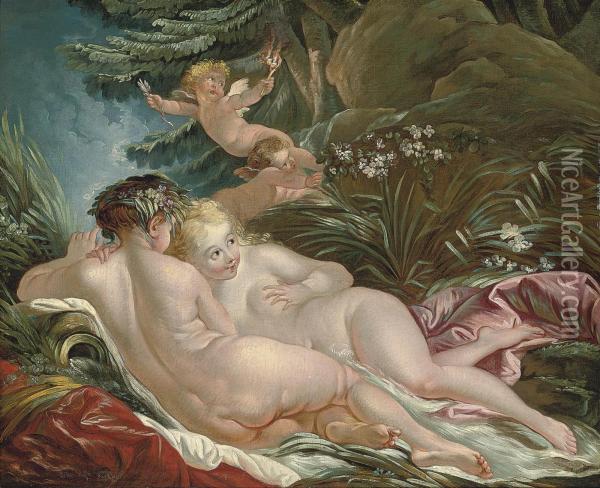 Nymphs Bathing Attended By Putti Oil Painting - Francois Boucher