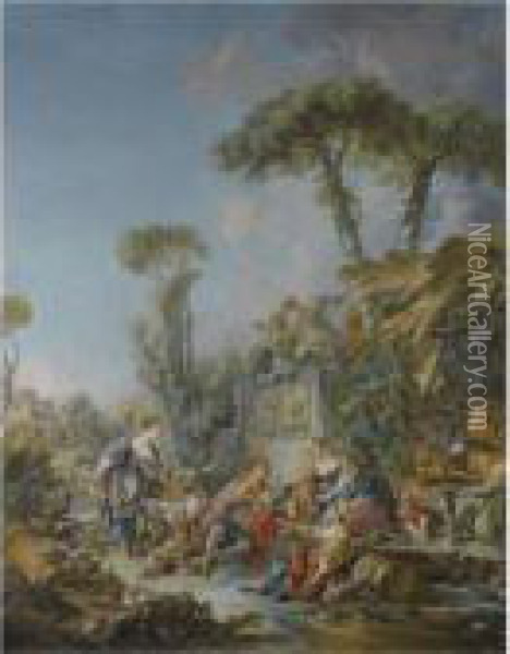 A Pastoral Scene With Herders Resting On A Path With Theiranimals Oil Painting - Francois Boucher