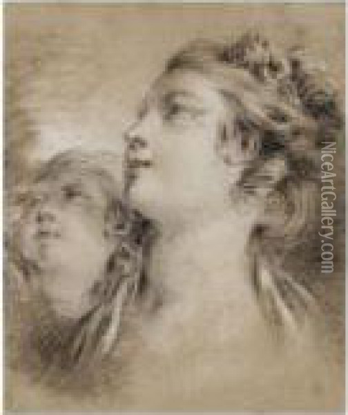 Study Of The Heads Of A Young Woman And A Putto, Looking Up To The Left Oil Painting - Francois Boucher