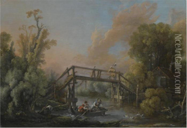 A River Landscape With A Woman 
Crossing A Bridge And Three Men In A Boat On The River Below Oil Painting - Francois Boucher