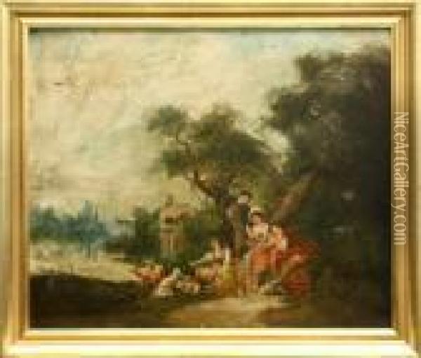 Figures And Sheep Gathering By The Water Oil Painting - Francois Boucher